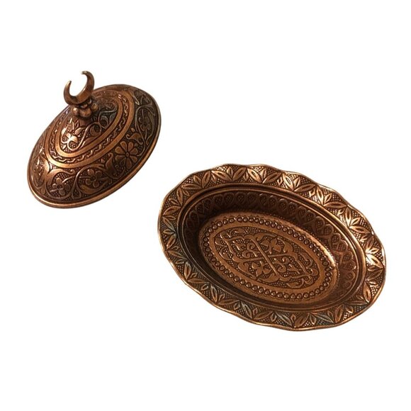 Turkish Coffee Delight Candy Dish Copper Color Ornate Lid and Tray - Picture 7 of 10